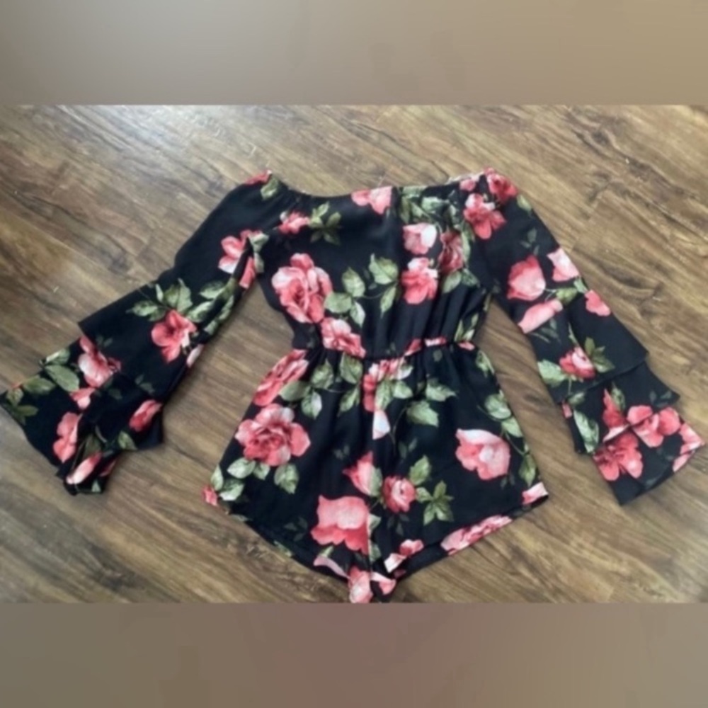 Off-Shoulder Black Floral Romper with Bell Sleeves